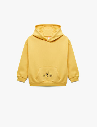 Şardonlu Uzun Kollu Kanguru cepli Aslan Baskılı Kapşonlu Sweatshirt