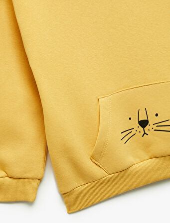 Şardonlu Uzun Kollu Kanguru cepli Aslan Baskılı Kapşonlu Sweatshirt