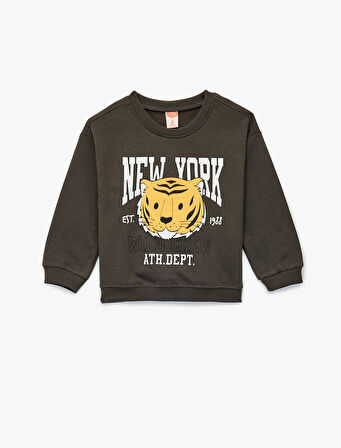 Şardonlu Uzun Kollu Bisiklet Yaka Kaplan Baskılı Sweatshirt