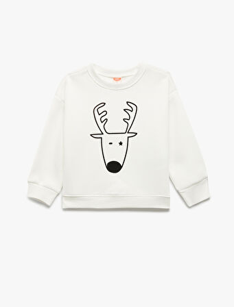 Yılbaşı Baskılı Uzun Kollu Şardonlu Bisiklet Yaka Sweatshirt