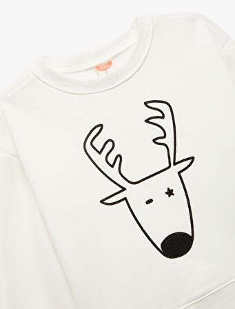 Yılbaşı Baskılı Uzun Kollu Şardonlu Bisiklet Yaka Sweatshirt