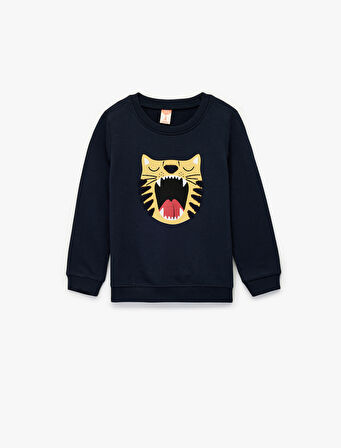 Pamuklu Uzun Kollu Bisiklet Yaka Kaplan Nakışlı Sweatshirt