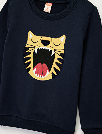 Pamuklu Uzun Kollu Bisiklet Yaka Kaplan Nakışlı Sweatshirt