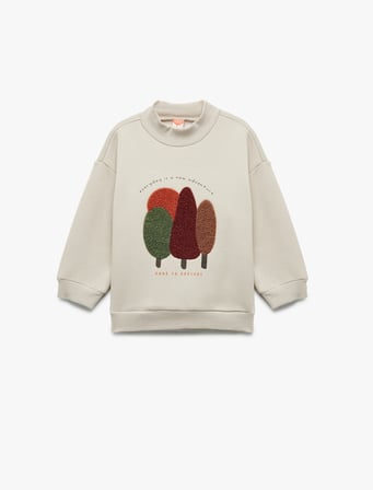 Nakışlı Uzun Kollu Şardonlu Dik Yaka Sweatshirt