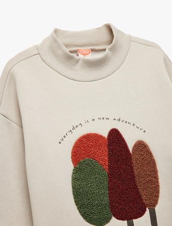 Nakışlı Uzun Kollu Şardonlu Dik Yaka Sweatshirt