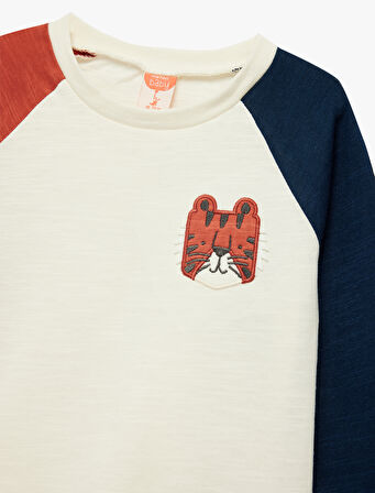 Pamuklu Nakışlı Uzun Kollu Renk Bloklu Bisiklet Yaka Tişört