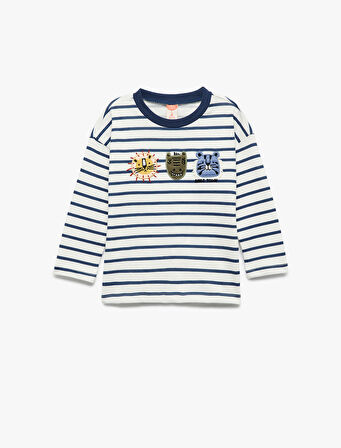 Pamuklu Bisiklet Yaka Hayvan Nakışlı Uzun Kollu Tişört