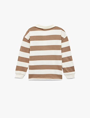 Pamuklu Ayıcık Nakış Detaylı Uzun Kollu Polo Yaka Çizgili Sweatshirt