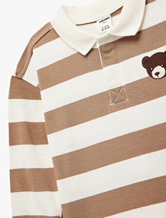 Pamuklu Ayıcık Nakış Detaylı Uzun Kollu Polo Yaka Çizgili Sweatshirt