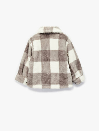 Uzun Kollu Cepli Düğme Detaylı Ekoseli Peluş Mont