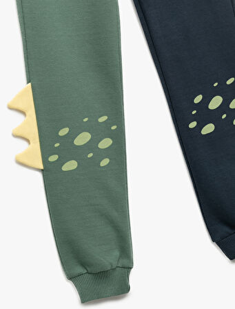 Şardonlu Renk Bloklu Dinozor Detaylı Pamuklu Eşofman Altı