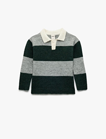 Uzun Kollu Renk Bloklu Düğmeli Polo Yaka Triko Kazak