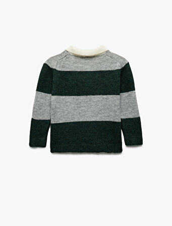 Uzun Kollu Renk Bloklu Düğmeli Polo Yaka Triko Kazak