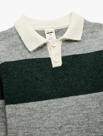 Uzun Kollu Renk Bloklu Düğmeli Polo Yaka Triko Kazak