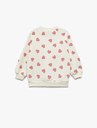 Kalp Desenli Uzun Kollu Bisiklet Yaka Sweatshirt