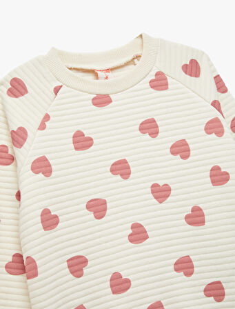 Kalp Desenli Uzun Kollu Bisiklet Yaka Sweatshirt