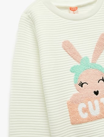 Bisiklet Yaka Nakışlı Dokulu Uzun Kollu Sweatshirt