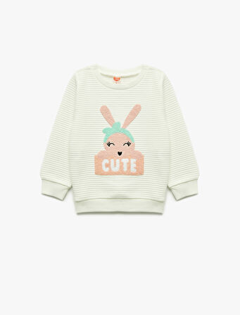 Bisiklet Yaka Nakışlı Dokulu Uzun Kollu Sweatshirt