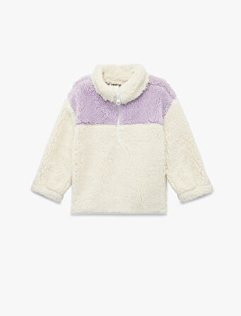 Uzun Kollu Yarım Fermuarlı Dik Yaka Peluş Sweatshirt