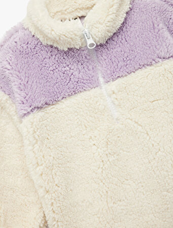 Uzun Kollu Yarım Fermuarlı Dik Yaka Peluş Sweatshirt