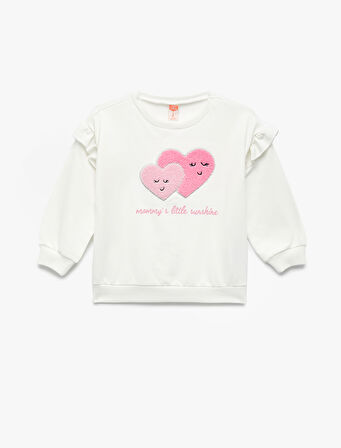 Uzun Kollu Bisiklet Yaka Pamuklu Kalp Aplikeli Şardonlu Sweatshirt