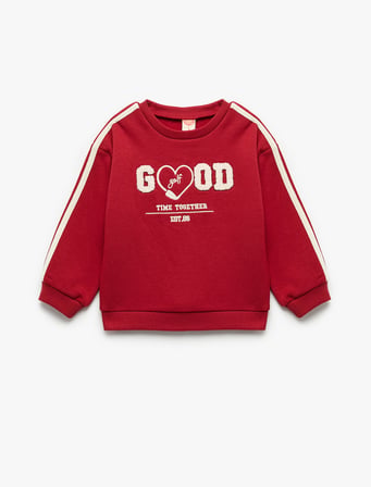 Uzun Kollu Şardonlu Şerit Detaylı Nakışlı Bisiklet Yaka Sweatshirt