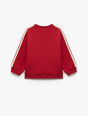 Uzun Kollu Şardonlu Şerit Detaylı Nakışlı Bisiklet Yaka Sweatshirt