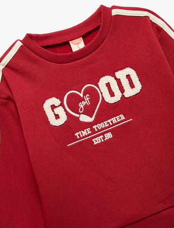 Uzun Kollu Şardonlu Şerit Detaylı Nakışlı Bisiklet Yaka Sweatshirt