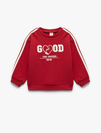 Uzun Kollu Şardonlu Şerit Detaylı Nakışlı Bisiklet Yaka Sweatshirt