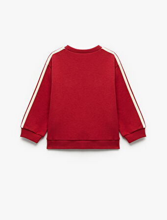 Uzun Kollu Şardonlu Şerit Detaylı Nakışlı Bisiklet Yaka Sweatshirt