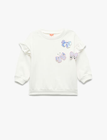 Şardonlu Uzun Kollu Bisiklet Yaka Kelebek Detaylı Fırfırlı Sweatshirt