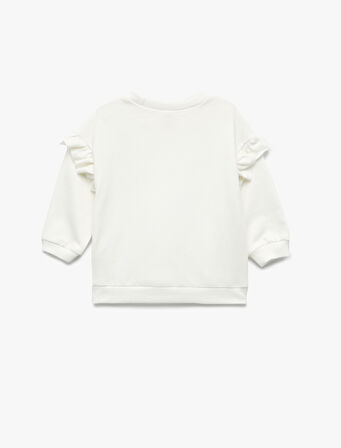 Şardonlu Uzun Kollu Bisiklet Yaka Kelebek Detaylı Fırfırlı Sweatshirt
