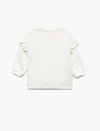 Şardonlu Uzun Kollu Bisiklet Yaka Kelebek Detaylı Fırfırlı Sweatshirt