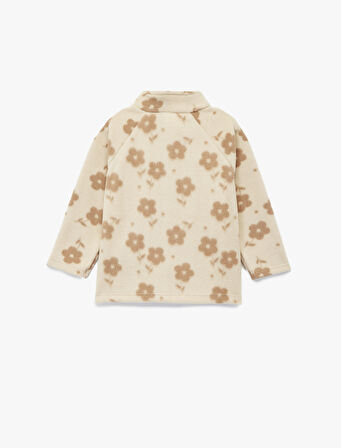 Dik Yaka Uzun Kollu Fermuarlı Çiçekli Polar Sweatshirt