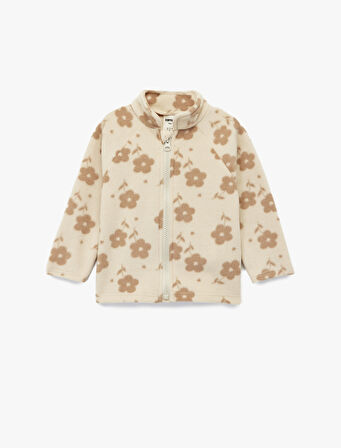 Dik Yaka Uzun Kollu Fermuarlı Çiçekli Polar Sweatshirt