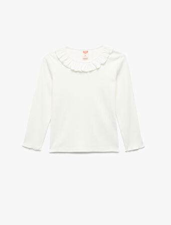 Fırfır Detaylı Uzun Kollu Bisiklet Yaka Pamuklu Tişört