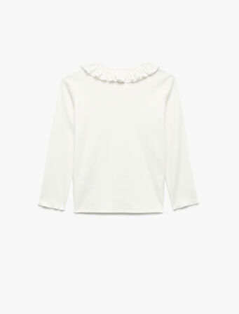 Fırfır Detaylı Uzun Kollu Bisiklet Yaka Pamuklu Tişört