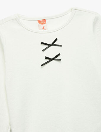 Uzun Kollu Bisiklet Yaka Kurdele Detaylı Pamuklu Tişört