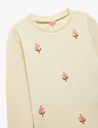 Pamuklu Uzun Kollu Bisiklet Yaka Çiçekli Nakış Detaylı Tişört