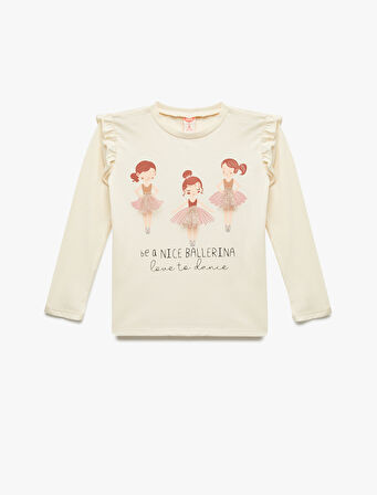 Balerin Baskılı Uzun Kollu Bisiklet Yaka Pamuklu Tişört