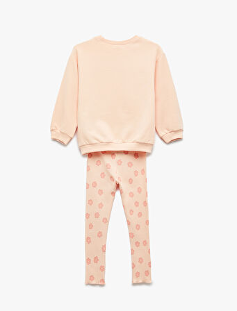 Pamuklu Bisiklet Yaka Uzun Kollu Sweatshirt ve Ribanalı Çiçek Baskılı Tayt Seti