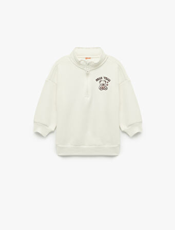 Uzun Kollu Şardonlu Yarım Fermuarlı Ayıcık Baskılı Sweatshirt
