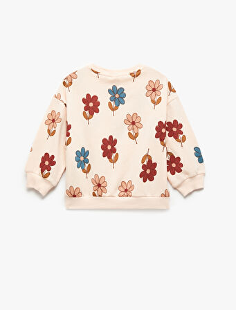 Çiçek Desenli Uzun Kollu Bisiklet Yaka Sweatshirt