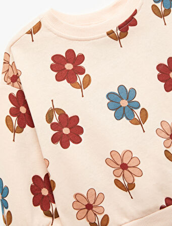 Çiçek Desenli Uzun Kollu Bisiklet Yaka Sweatshirt
