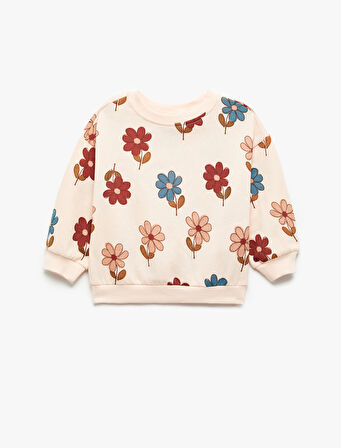 Çiçek Desenli Uzun Kollu Bisiklet Yaka Sweatshirt