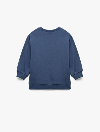 Şardonlu Uzun Kollu Ayıcık Baskılı Bisiklet Yaka Sweatshirt