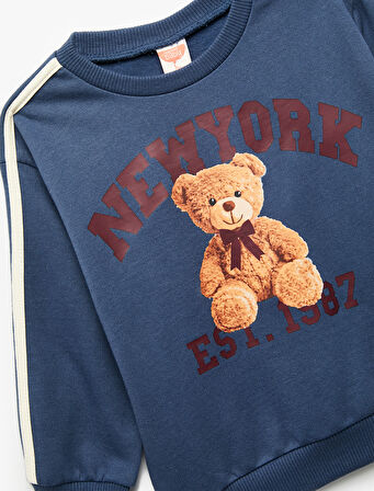 Şardonlu Uzun Kollu Ayıcık Baskılı Bisiklet Yaka Sweatshirt