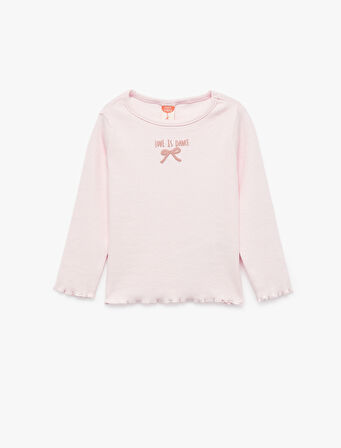 Pamuklu Kaşkorse Bisiklet Yaka Fiyonk İşlemeli Uzun Kollu Tişört