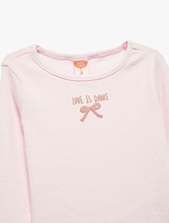 Pamuklu Kaşkorse Bisiklet Yaka Fiyonk İşlemeli Uzun Kollu Tişört