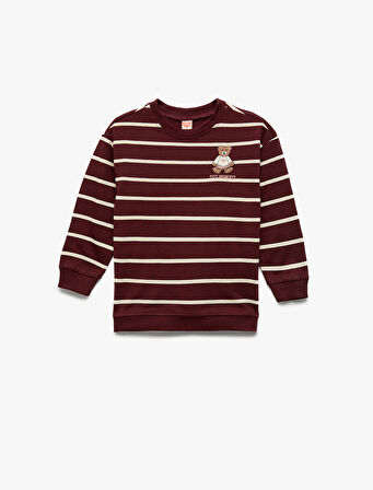 Şardonlu Ayıcık Baskılı Uzun Kollu Bisiklet Yaka Çizgili Sweatshirt